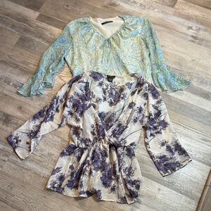 Bundle SilkLand and Nue Options  Floral Wrap Tops - Purple and Cream Size S